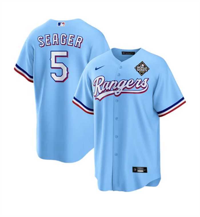 Men%27s Texas Rangers #5 Corey Seager Blue 2023 World Series Stitched Baseball Jersey Dzhi
